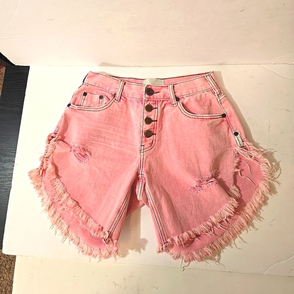 One Teaspoon Frankies Fringe Pink DenimRaw Hem Womens Shorts Size 24